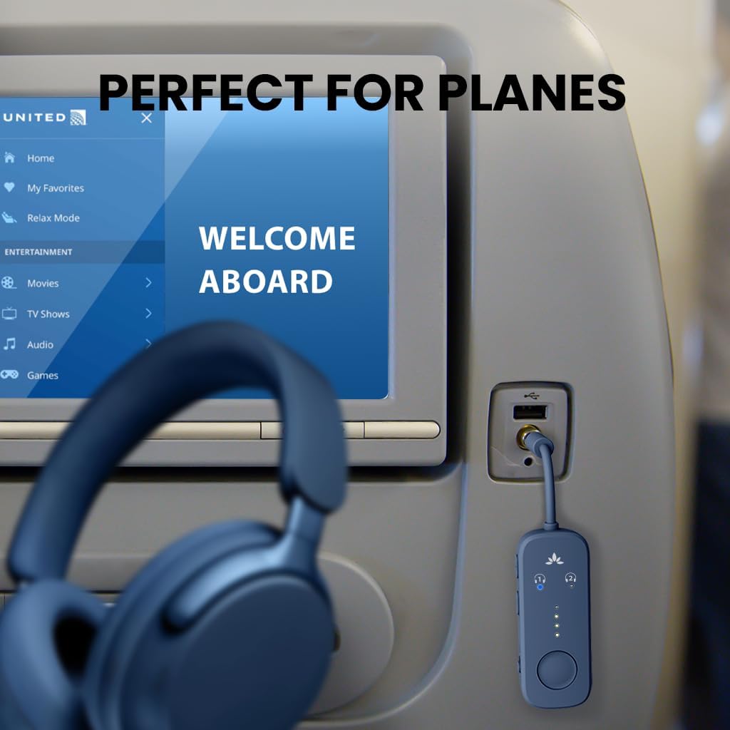 Avantree Relay - Premium Airplane Bluetooth Adapter with Advanced Qualcomm Chipset, 2 Headphones Support, 25hrs Play Time, aptX Adaptive & HD Audio Transmitter for Airpods, Bose & Travel Flight