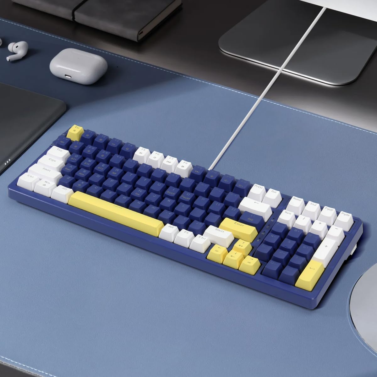 Wireless Mechanical Keyboard, Triple Mode 2.4G/USB-C/BT Gaming Keyboards 100 Keys Ice-Blue Backlit, Brown Switch Keyboard | Rechargeable Mechanical Gaming Keyboards | Blue/White/Yellow