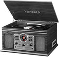 Victrola The Quincy 6-in-1 Bluetooth Record Player & Multimedia Center with Built-in Speakers – 3-Speed Turntable, CD & Cassette Player, AM/FM Radio, Wireless Music Streaming (Grey Wood)