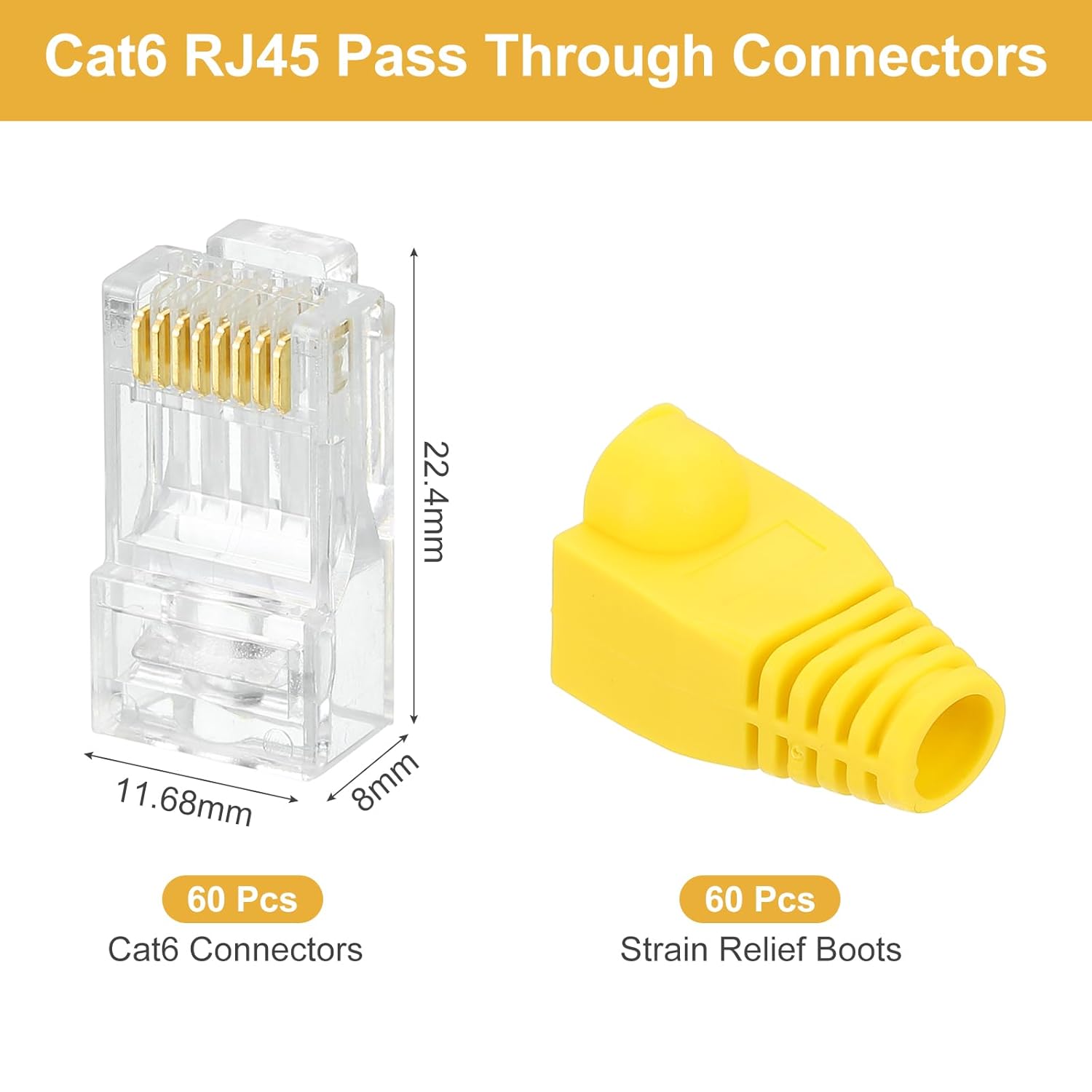 MECCANIXITY 60pcs Cat6 RJ45 Pass Through Connectors, RJ45 Connector 8P8C Gold Plated Plugs with 60pcs Yellow Strain Relief Boots for Solid or Stranded UTP Ethernet Cable, 1.1mm