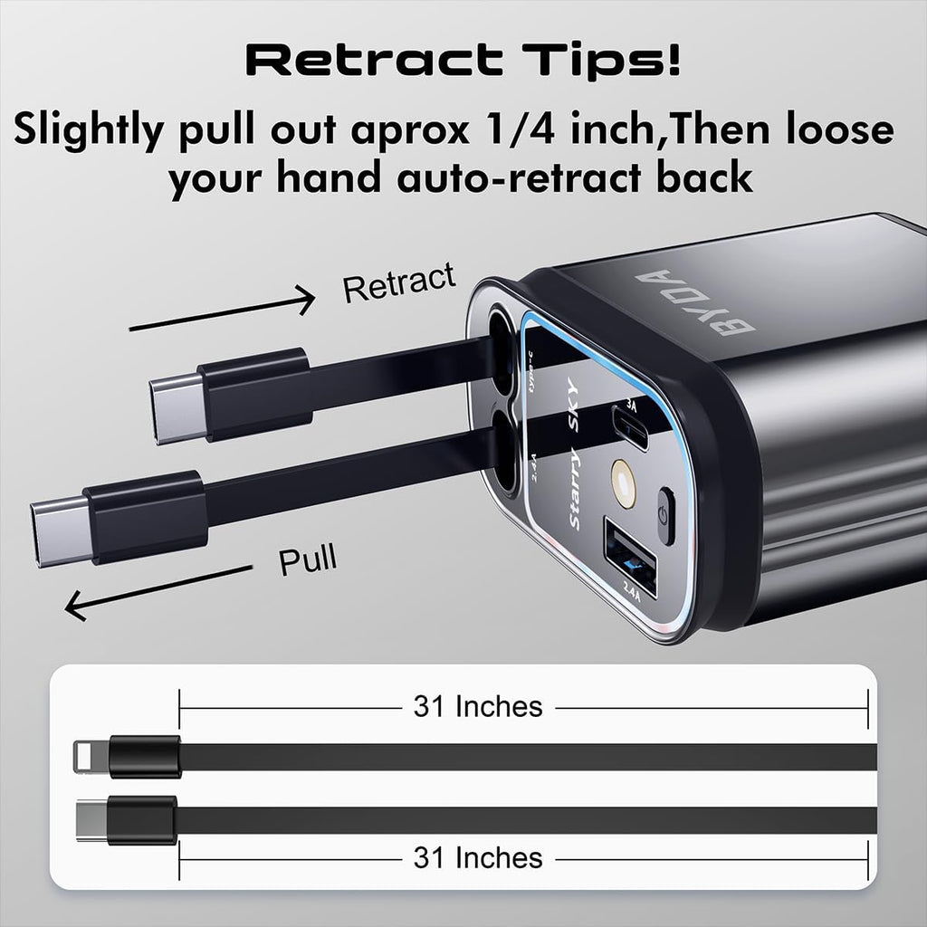 4 in 1 Retractable Car Charger for iPhone,69W USB-C Fast Car Charger with Starry Light, for Car Charger Adapter iPhone16/15/14/13/12,Android,Pixel,Cigarette Lighter Adapter(ForLightning+USB-C)