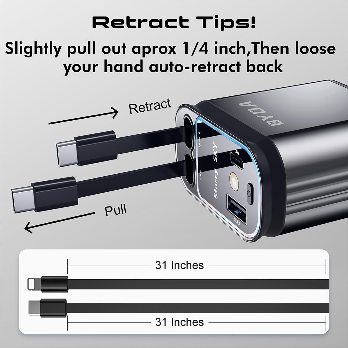 4 in 1 Retractable Car Charger for iPhone,69W USB-C Fast Car Charger with Starry Light, for Car Charger Adapter iPhone16/15/14/13/12,Android,Pixel,Cigarette Lighter Adapter(ForLightning+USB-C)