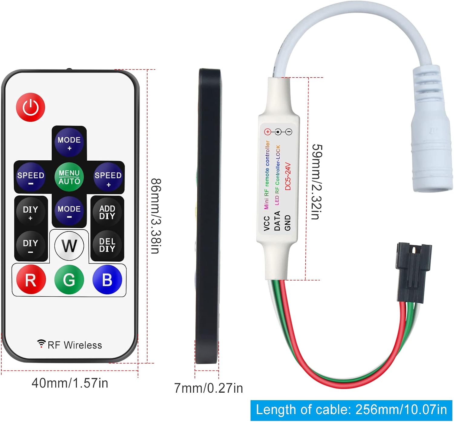 RGBZONE WS2812B RF LED Controller, 3-PIN Mini LED Strip Lights Controller, DC 5V/12V/24V for WS2812 WS2811 Dream Color LED Strip Lights(14 Key)