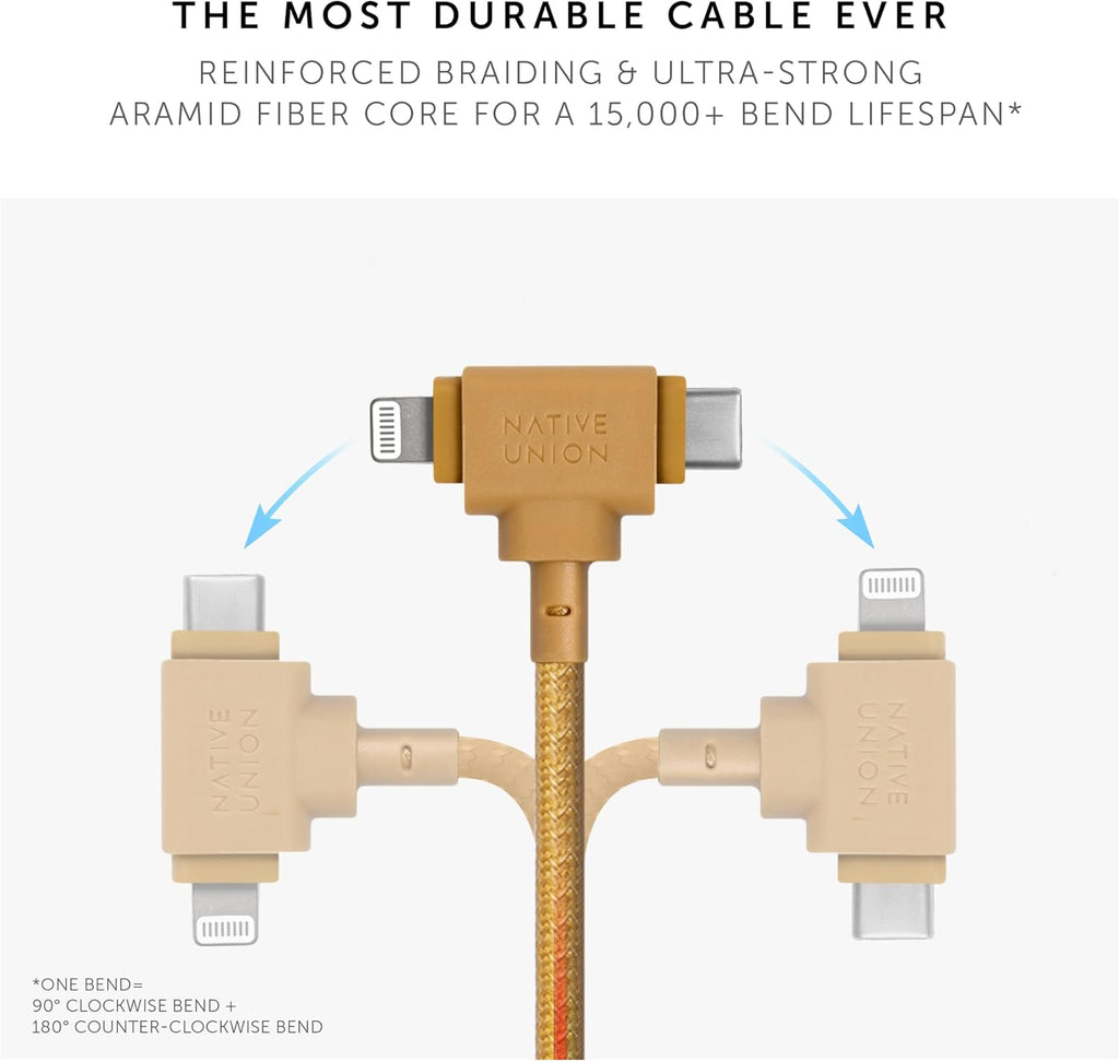 Native Union Belt Cable Duo – 5ft Ultra-Strong Braided Universal Charging Cable – Made with Recycled Materials – 2-in-1 Multi-Device MFi Certified Connectors for Lightning & Type-C Devices (Kraft)