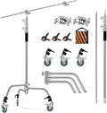Soonpho Adjustable 10ft/3.3m Heavy Duty Light Stand with Boom Arm and Wheels,100% Stainless Steel Reflector C-Stand with Grip Head & Sandbag &Clamps,for Studio Video Reflector,Monolight,Softboxes