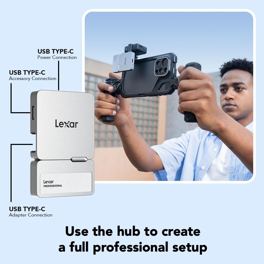 Lexar 1TB Professional Go Portable SSD w/Hub, Supports Apple 4K 60fps ProRes, Up to 1050MB/s, USB 3.2 Gen 2, Rugged, IP65, Ultracompact, Compatible w/iPhone 15/16, External SSD (LSL400S001T-RNSNU)