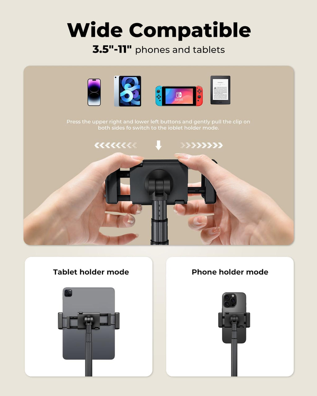 Extended Tablet Floor Stand, 360 Rotating Adjustable iPad Floor Holder with Long Flexible Arm, Compatible with 4-13" Devices, Stand for Bedside, Sofaside, Table, Desk (Black)