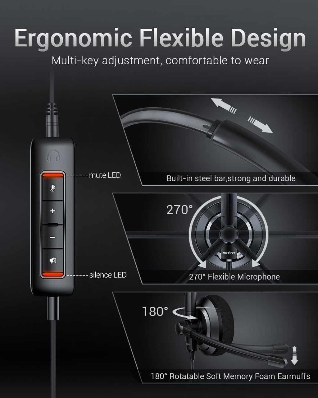 USB Headset with Microphone for PC - Lightweight Single-Ear Computer Headset, Crystal Clear Sound & Comfort Fit, Flexible Steel Headband (3.5mm+USB)