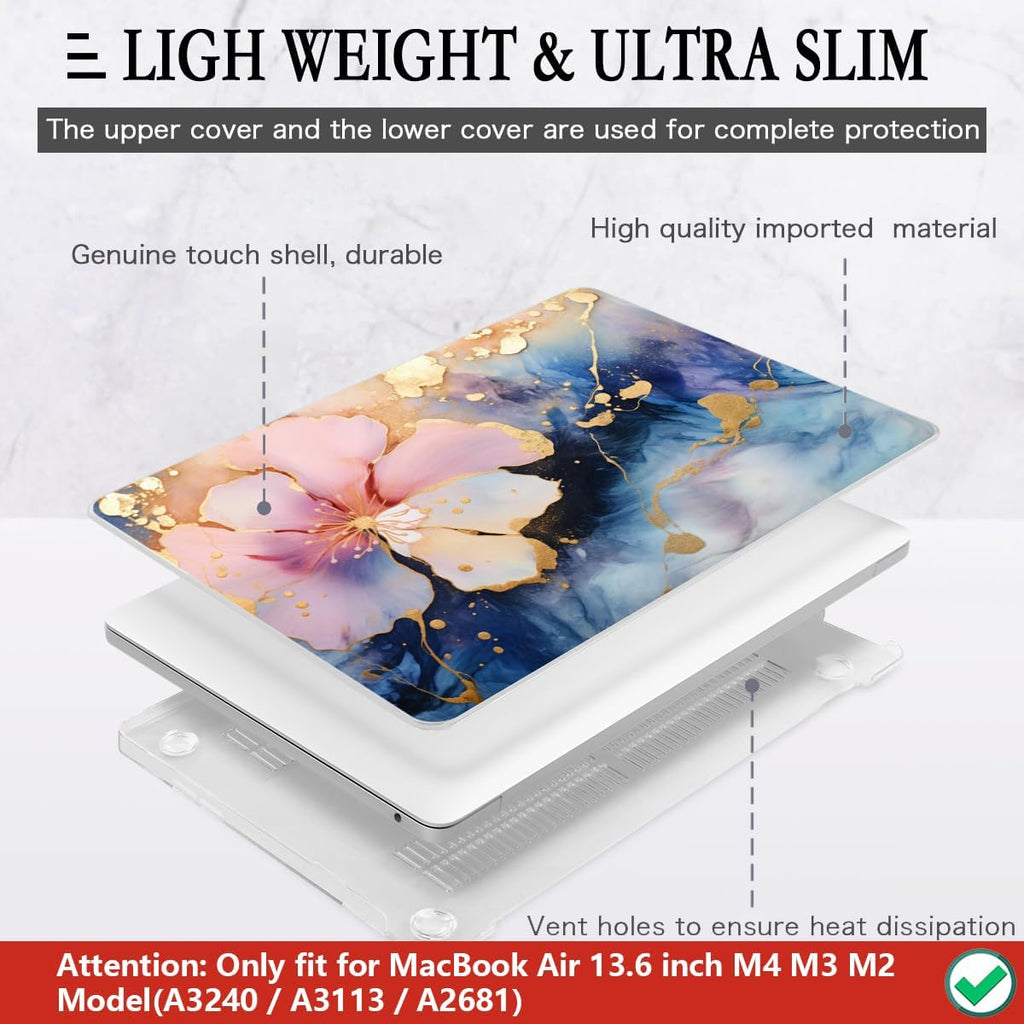 CISSOOK Compatible with MacBook Air 13.6 inch Case M2 M3 M4 Release 2025 2024 2023 2022, Plastic Hard Shell Case Keyboard Cover Screen Film for MacBook Air 13 inch A3240 A3113 A2681, Marble Flower