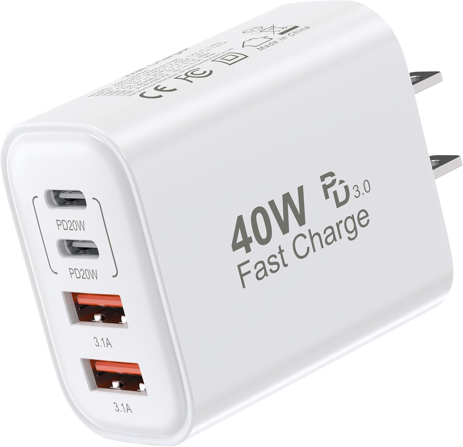 TT&C USB C Block 40W, 4 Ports Wall Plug Fast Charging Block, PD+QC Multiport Power Adapter USB C Charger Type C for iPhone 16,15,14,13,12,11, Pro Max, X, Xr, Xs, 8, Watch, Galaxy Phones (White 1Pack)
