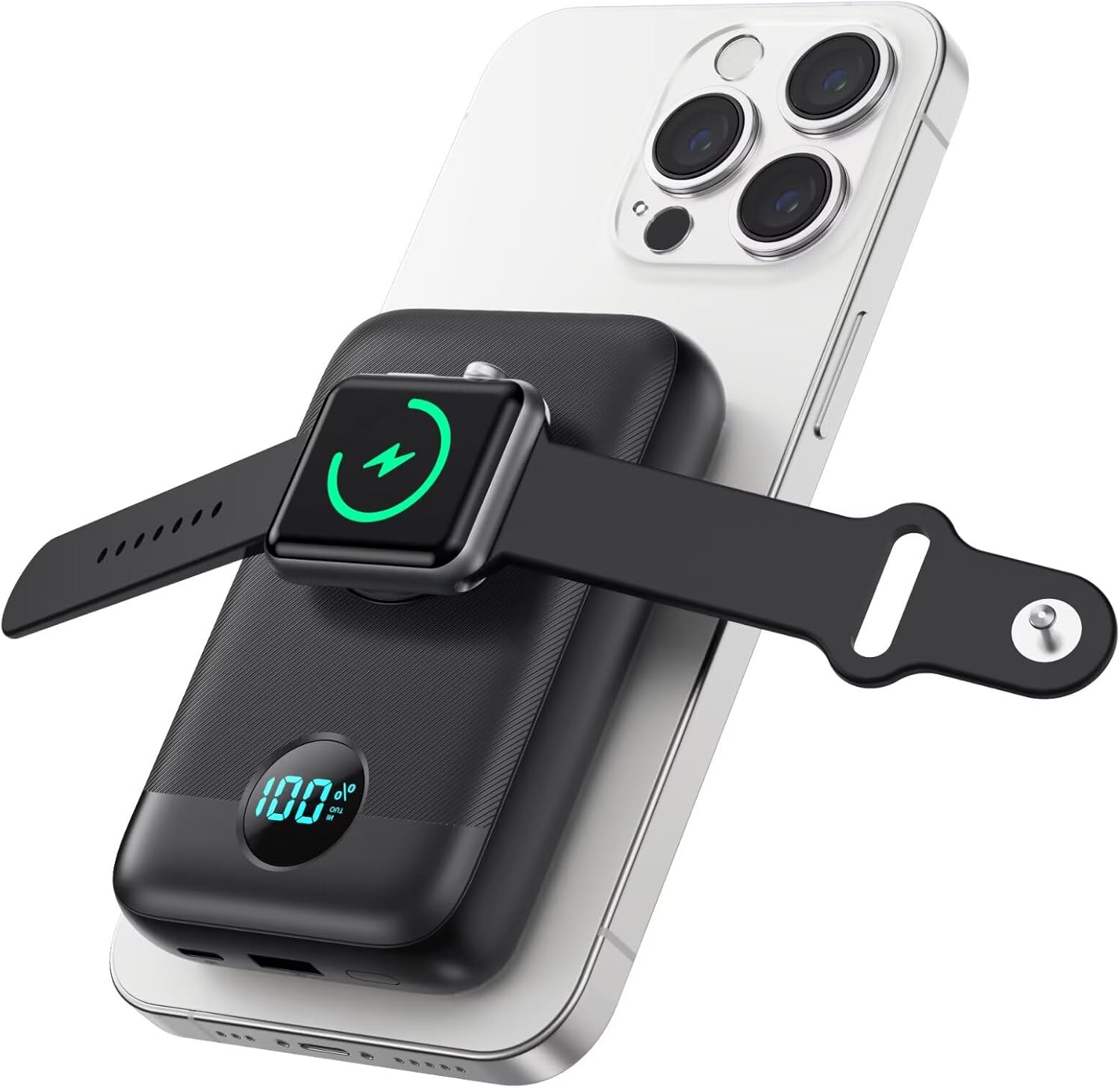 Magnetic Portable Charger for iPhone, 10800mAh 4-in-1 Wireless Power Bank with iWatch Charger, 25W PD Fast Charging Battery Pack with LCD Display for Magsafe,iPhone 16/15/14/13/12 Series,Apple Watch