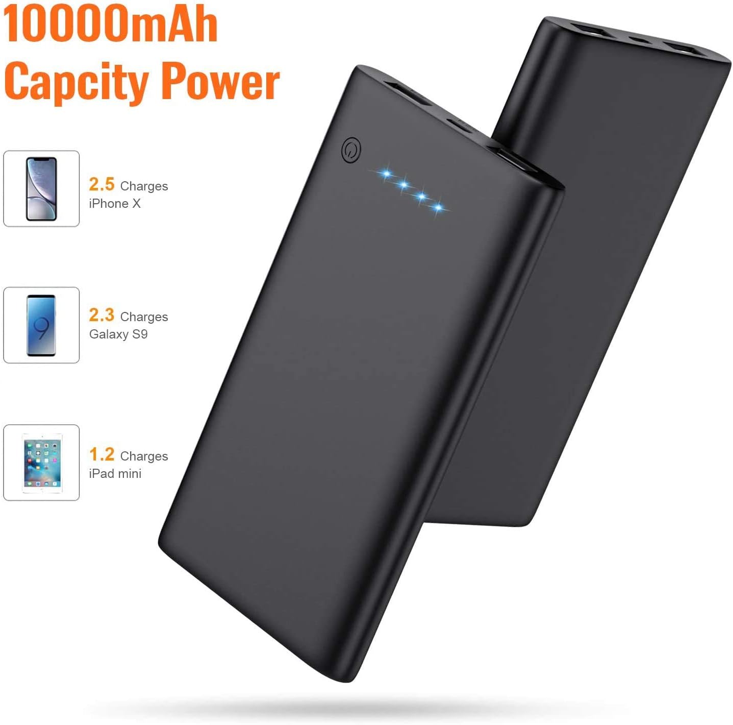 AONIMI [2 Pack] Portable Charger Power Bank 10000mAh,Ultra Slim Portable Phone Charger with Dual USB Outputs,Backup External Battery Pack Compatible with iPhone 15/14/13/12,Samsung etc-Black+Black
