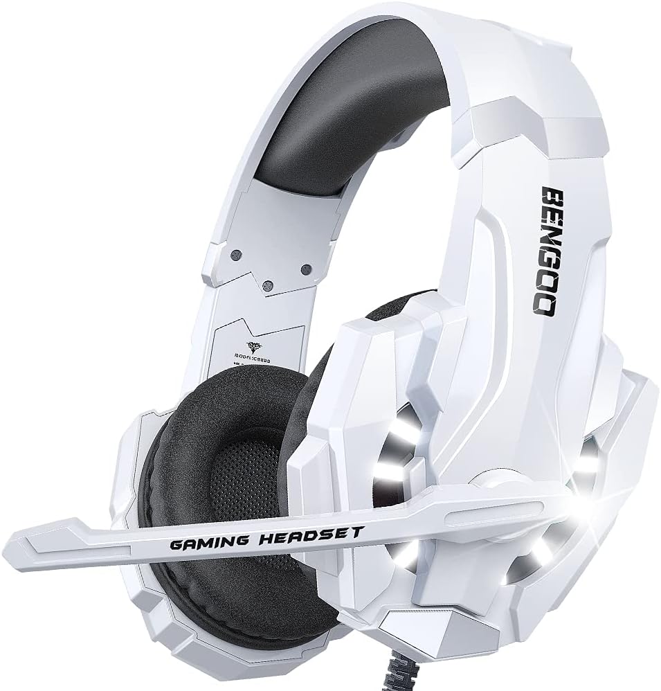 BENGOO Pro Gaming Headset for PS4 PS5 PC Xbox One Controller, Noise Cancelling Over Ear Headphones with Mic, LED Light, Bass Surround, Soft Memory Earmuffs for Laptop Mac - White