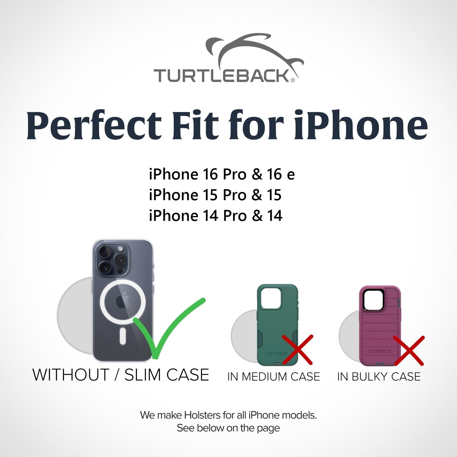 Turtleback Belt Holder for iPhone 16 Pro, 16e, 15 pro 14 Pro 13 Pro -Small- Fits w/Slim MagSafe Style Cases, Premium Black Leather Horiz. Belt Holster, Magnetic Closure, Leather Wrapped Belt Clip