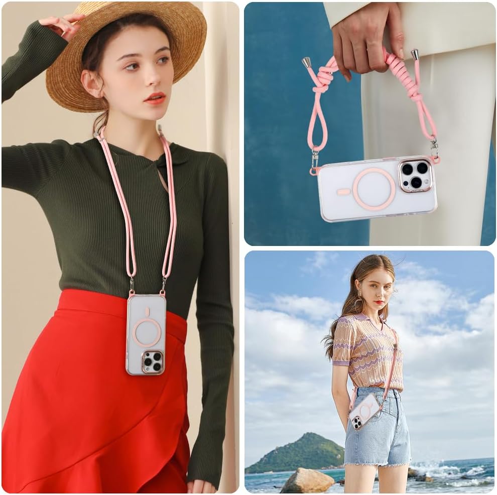 for iPhone 16 Pro Max Case with 62.99 inch Lanyard, Classic Clear&Pink Magnetic Phone Case, Drop&Shockproof Protection Cases, Phone Holder Lanyard, Compatible with Magnet Accessory