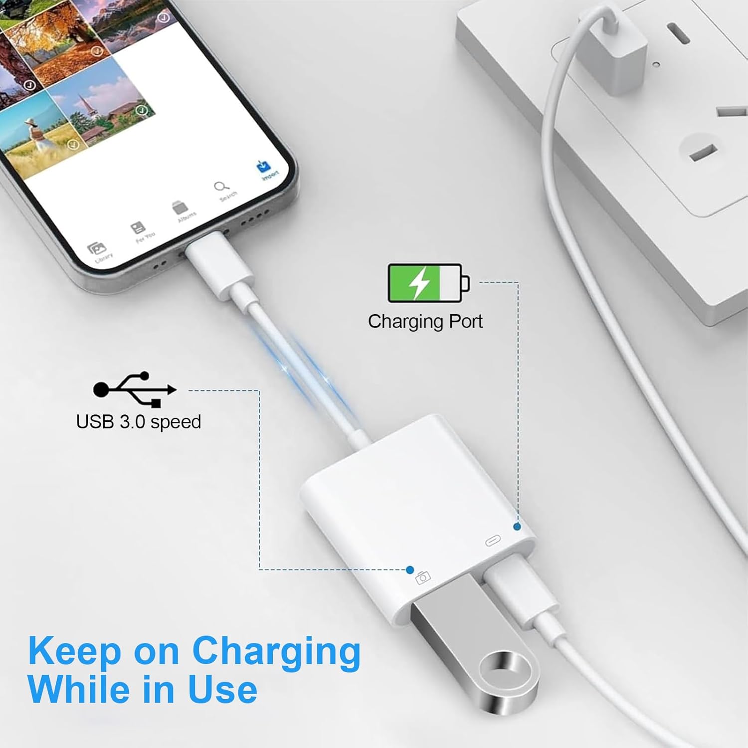 Lightning to USB Camera Adapter for iPhone, [Apple MFi Certified] USB3.0 Female Adapter for iPad with Charging Port, Plug and Play OTG Converter Support Card Reader USB Flash Drives Keyboard