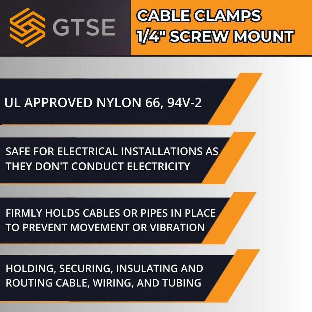 GTSE Black Nylon Plastic Cable Clamps, 1/4" Screw Mounts for Cable, Rope, Tube Management, 100 Pack