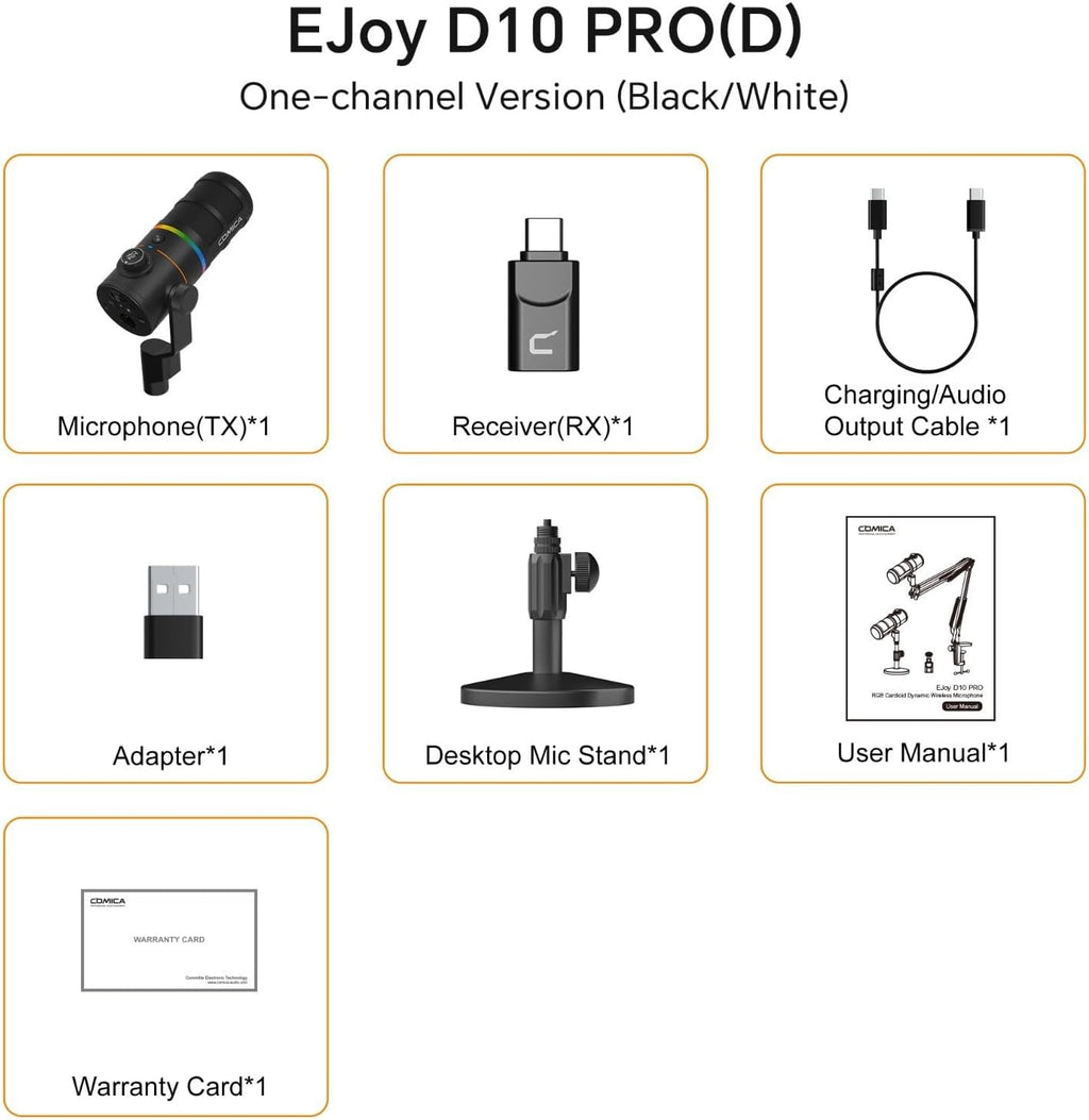 COMICA D10 Pro D Wireless/XLR/USB Dynamic Microphone with Receiver Desktop Stand- Dual Channel Cardioid Mic, 45H Battery, RGB Lights, CalMix Denoise for Gaming/Streaming/PD(PC, PS4/5, Mac,Phone)-Black