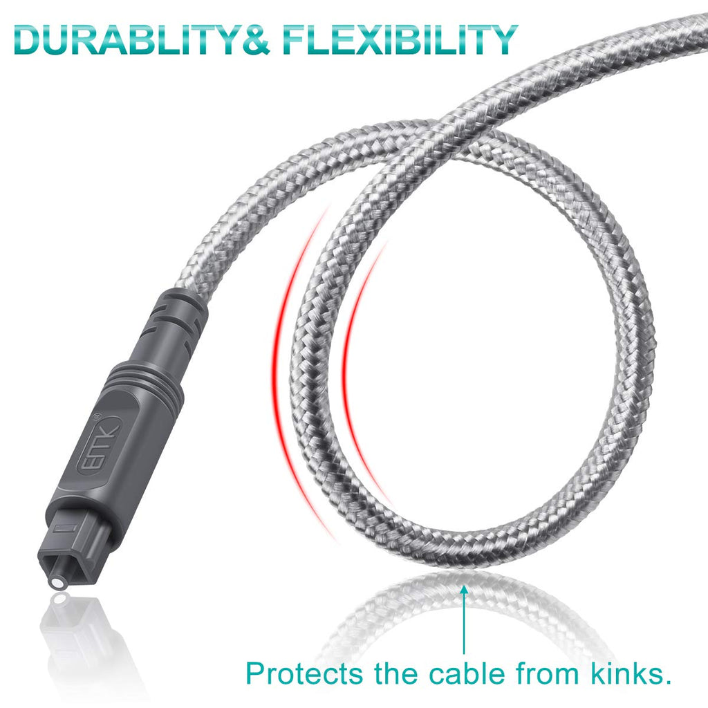 EMK Digital Optical Audio Cable Toslink Cable - [Cotton Braided Jacket,Durable and Flexible] Fiber Optic Cord for Home Theater, Sound bar, TV, PS4, Xbox & More (Grey-10Feet/3M)