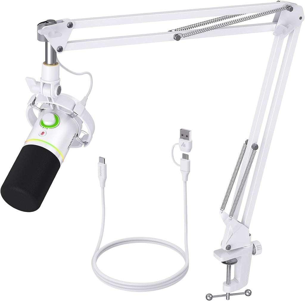 MAONO XLR/USB Dynamic Microphone Kit, RGB Podcast Mic with Software, Mute, Gain Knob, Volume Control, Boom Arm for Streaming, Gaming, Voice-Over, Recording-PD200XS White