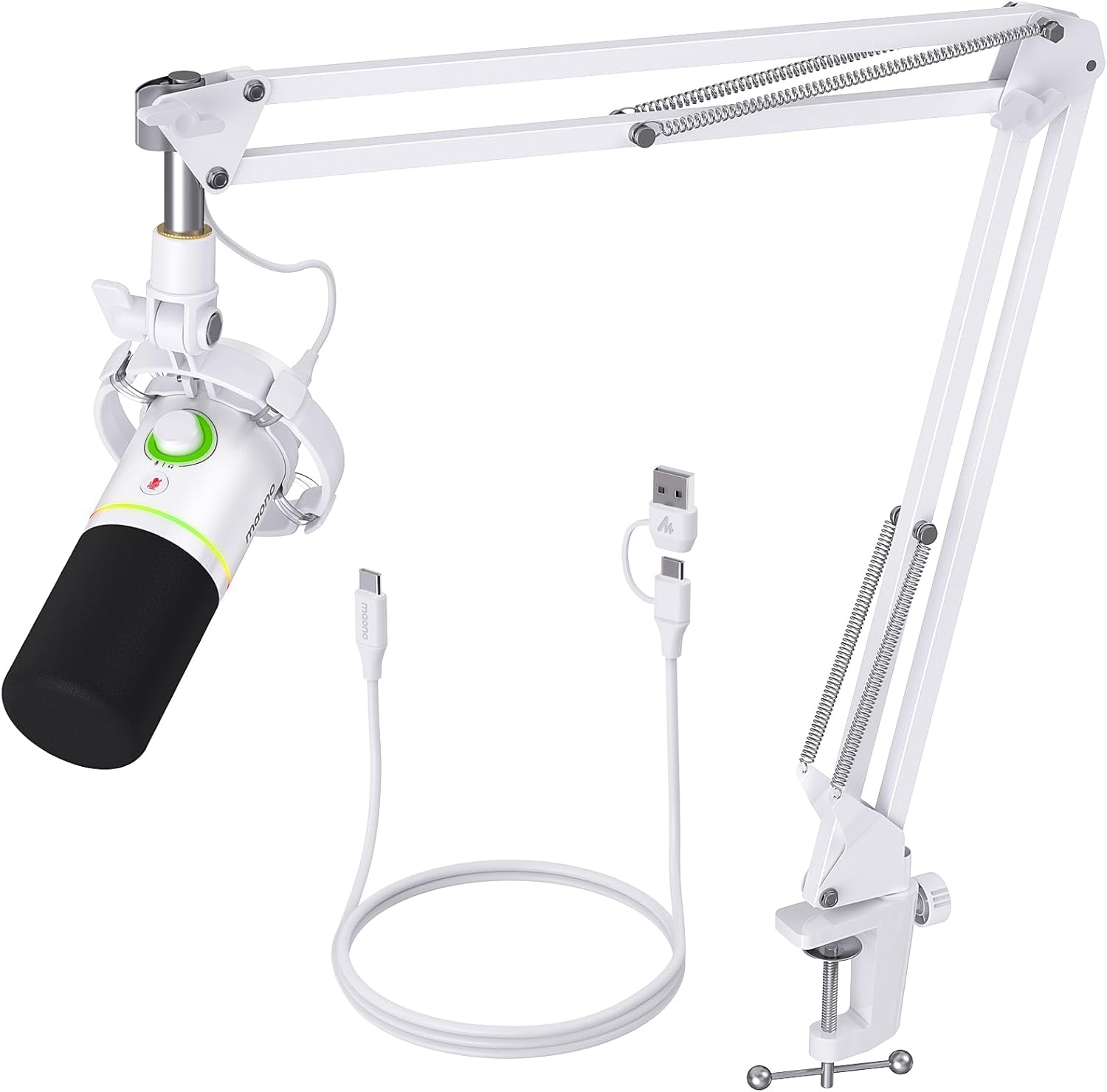 MAONO XLR/USB Dynamic Microphone Kit, RGB Podcast Mic with Software, Mute, Gain Knob, Volume Control, Boom Arm for Streaming, Gaming, Voice-Over, Recording-PD200XS White