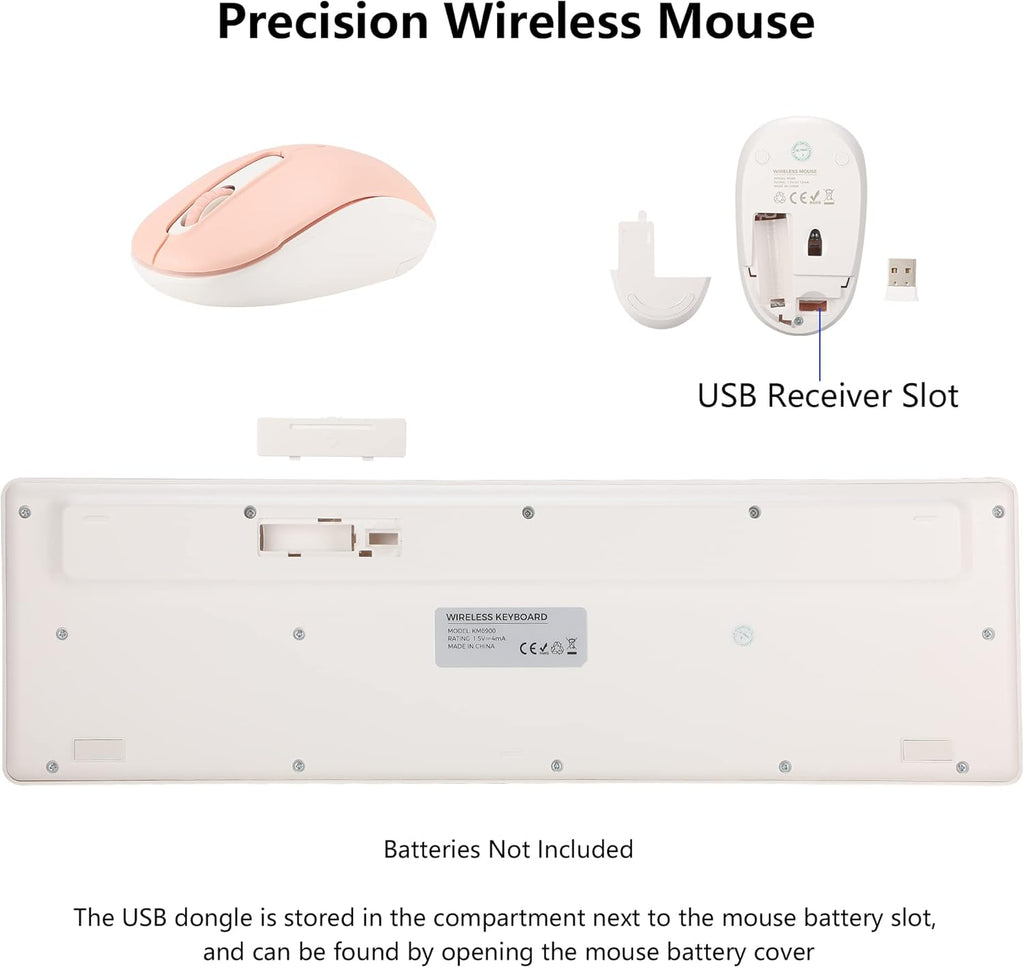 Wireless Keyboard and Mouse Combo, 2.4G Silent Cordless Keyboard Mouse Combo for Windows Chrome Laptop Computer PC Desktop, 106 Keys Full Size with Number Pad, 1600 DPI Optical Mouse (Pink)