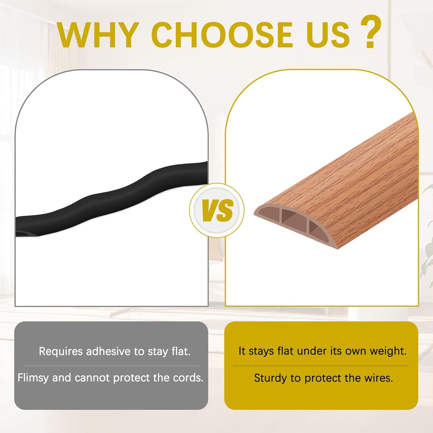 Floor Cord Cover 3.3FT Cord Covers for Wires on Floor Protect Wires & Prevent Trip Hazards, Easy to Cut for Home, Office, School, Concerts, Cavity W0.6in x H0.32in