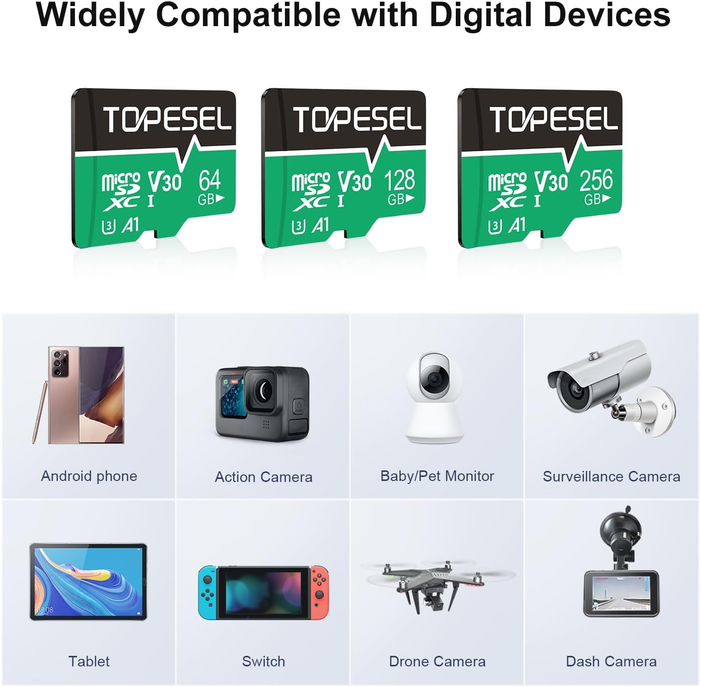 TOPESEL Micro SD Card high Speed 90mb per Second TF Card 4K Recording Memory Card with Adapter (3 Pack, 128, GB)