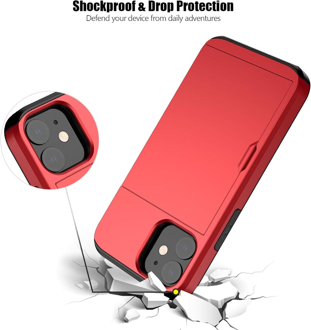 Nvollnoe for iPhone 12 Mini Case with Card Holder Heavy Duty Protective Dual Layer Shockproof Hidden Card Slot Slim Wallet Case for iPhone 12 Mini for Men&Women(Red)