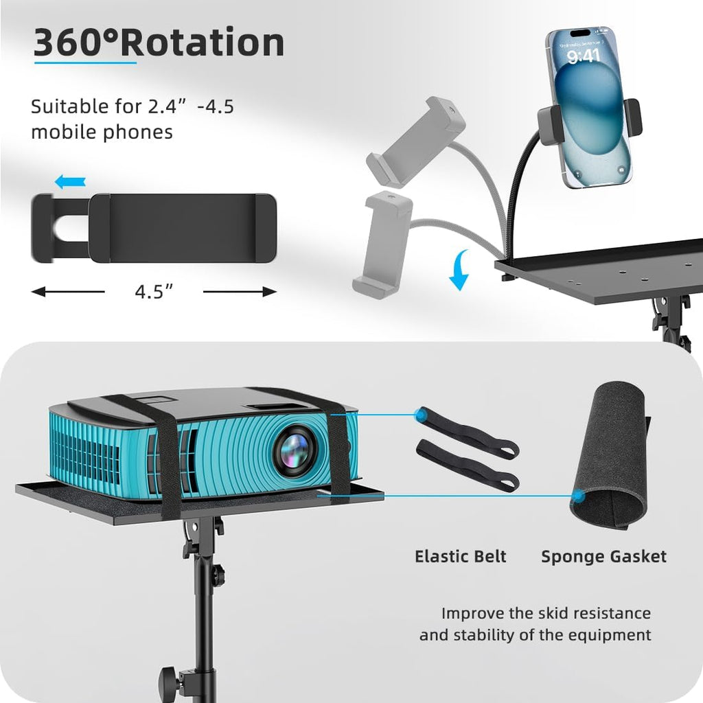 Projector Stand with Wheels, Laptop Tripod from 29" to 69" with Mouse Tray, Adjustable Height DJ Racks Stands with Gooseneck Phone Holder, for Office, Home, Stage, Studio, 1 Pack Black