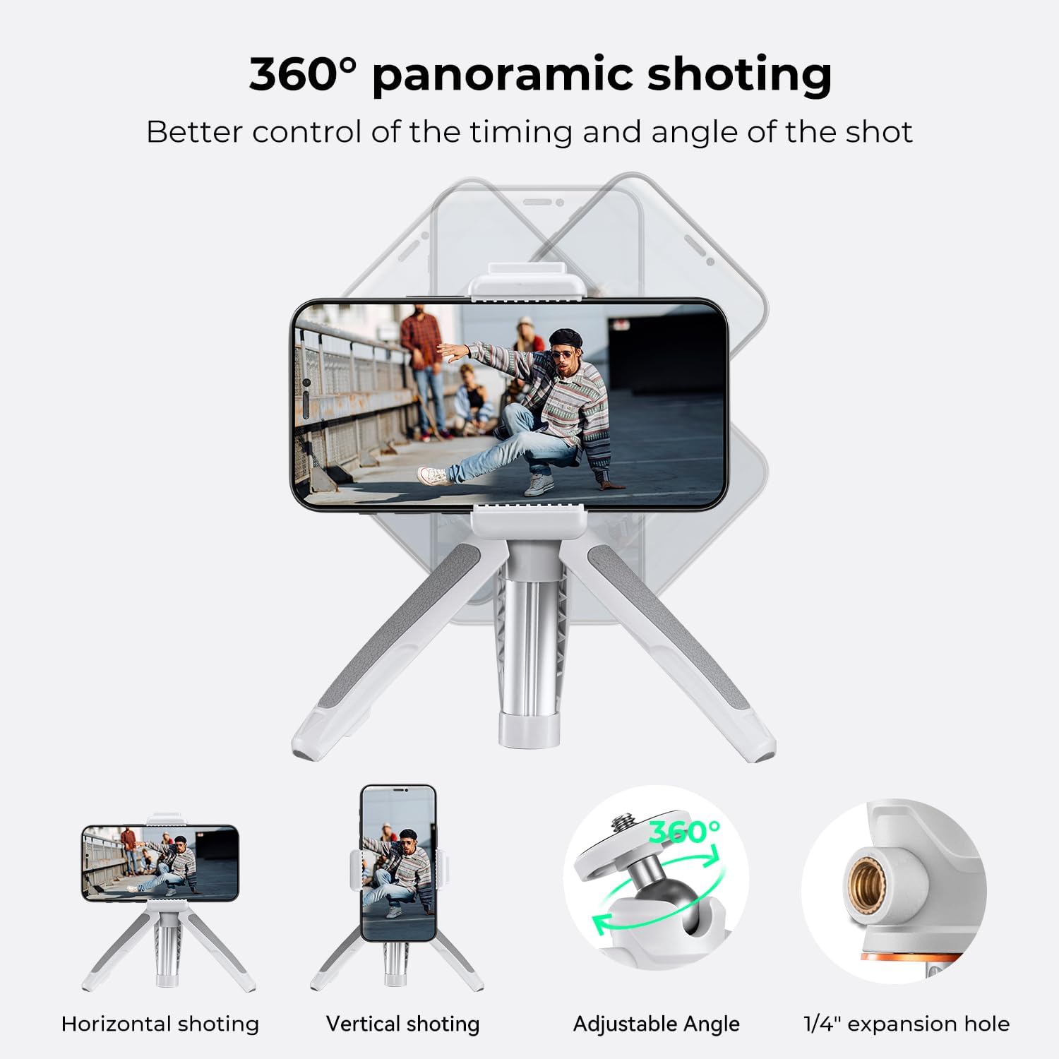 K&F CONCEPT Selfie Stick Tripod, 360 Degree Rotation Mini Phone Stand with Ball Head and Cold Shoe Mount, Cellphone Holder with Wireless Remote for Smartphone White