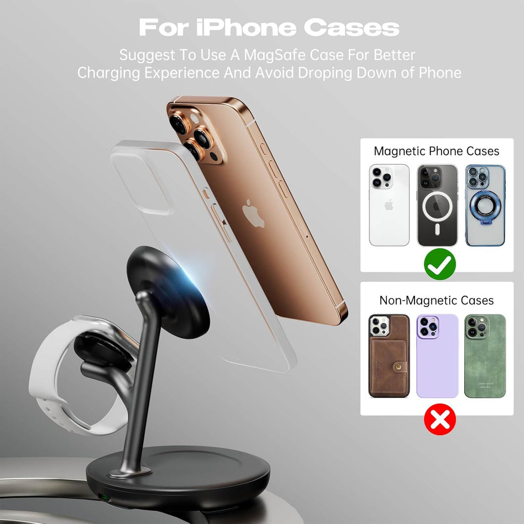 3 in 1 Wireless Charging Station for Multiple Devices Apple Magsafe Charger Stand, Mag-Safe Wireless Charger Dock for iPhone 16 15 14 13 12 Series Apple Watch Airpods Nignt Stand Charging Dock(Black)