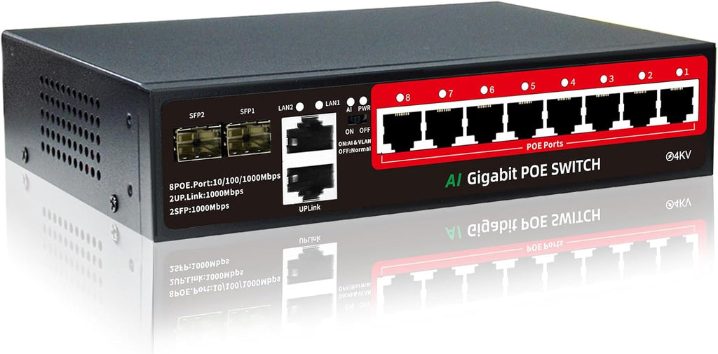 STEAMEMO 8-Port Gigabit PoE Switch | 2×Gigabit Uplinks + 2×1.25G SFP, AI VLAN Mode, 802.3af/at@120W, Unmanaged Metal Plug & Play (Desktop/Wall Mount)