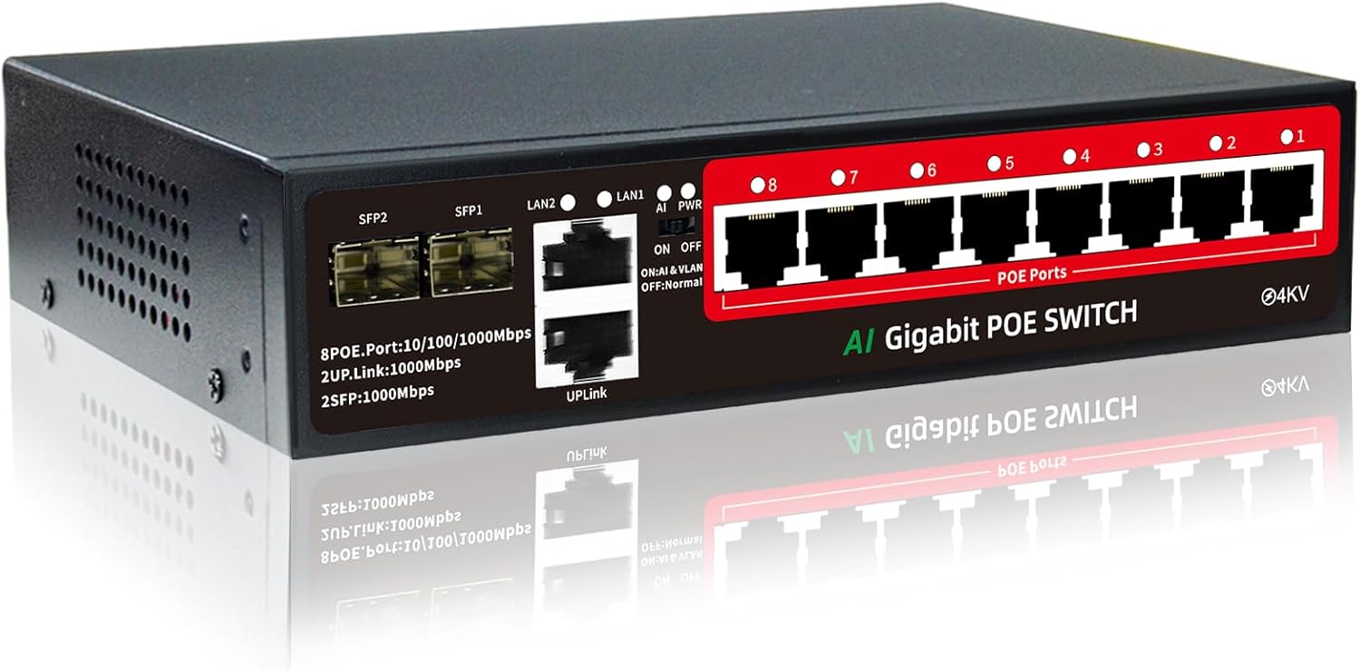STEAMEMO 8-Port Gigabit PoE Switch | 2×Gigabit Uplinks + 2×1.25G SFP, AI VLAN Mode, 802.3af/at@120W, Unmanaged Metal Plug & Play (Desktop/Wall Mount)