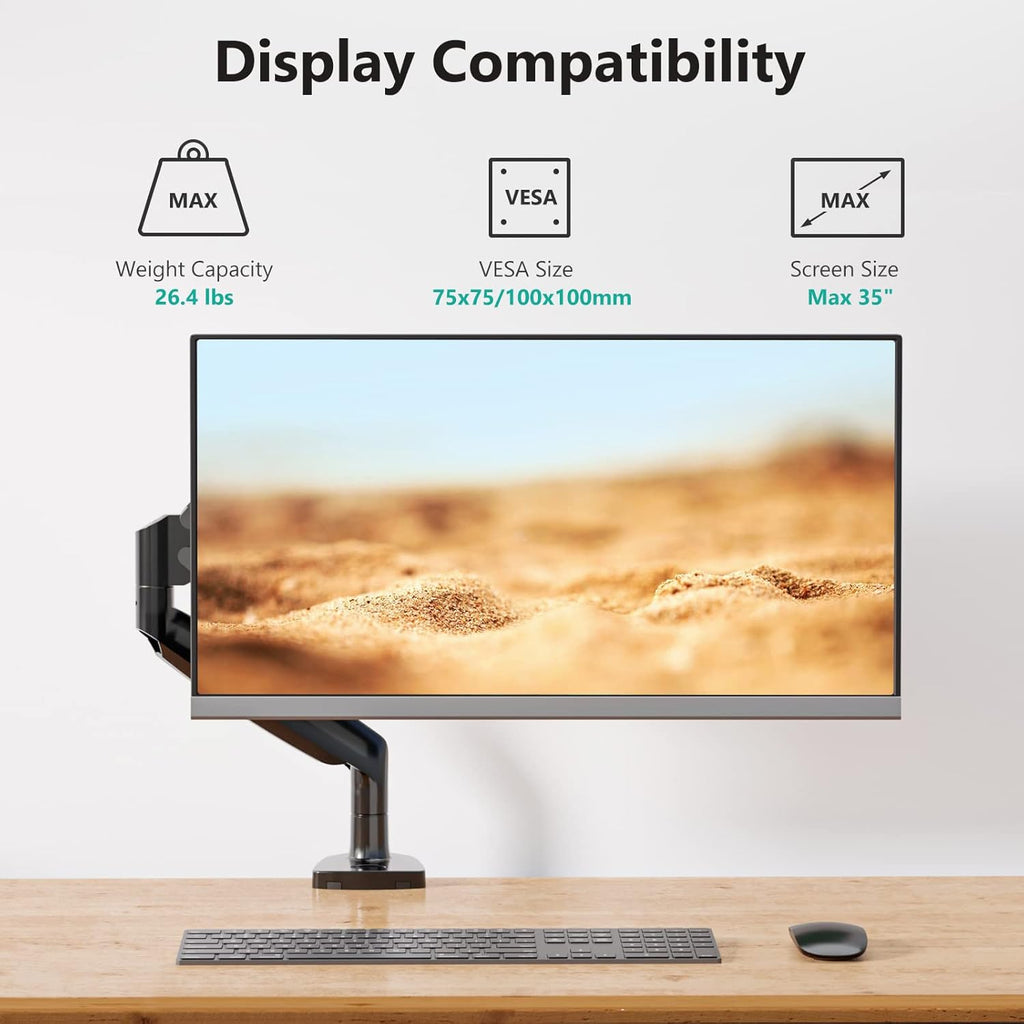 WALI Single Monitor Arm, Gas Spring Monitor Mount for Max 35 inches - 26.4 lbs Screen, Ultrawide Computer Monitors Stand with C Clamp and Grommet Base (GSMP001XL), Black