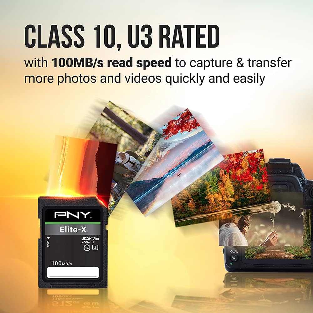 PNY 256GB Elite-X Class 10 U3 V30 SDXC Flash Memory Card - 100MB/s, Class 10, U3, V30, 4K UHD, Full HD, UHS-I, Full Size SD (Pack of 1)