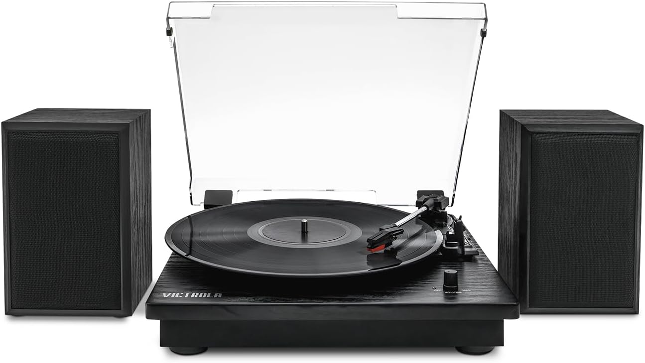 Victrola Montauk Vinyl Record Player, 3-Speed Belt Driven Turntable with Stereo Bluetooth Speaker Pair, RCA Output & 3.5mm Headphone Jack, Removable Dust Cover, Black Wood Finish