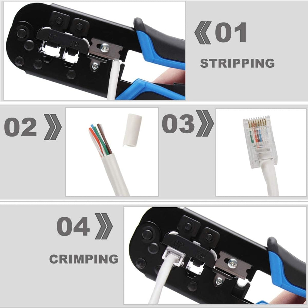 Delgada RJ45 Ethernet Network Crimping Tool Kit for Cat6 Cat5e Cat5 Crimp Tool, with 10pcs Cat5 Cat5e Connectors, 10pcs Covers, Network Cable Tester, Cutter and Stripper