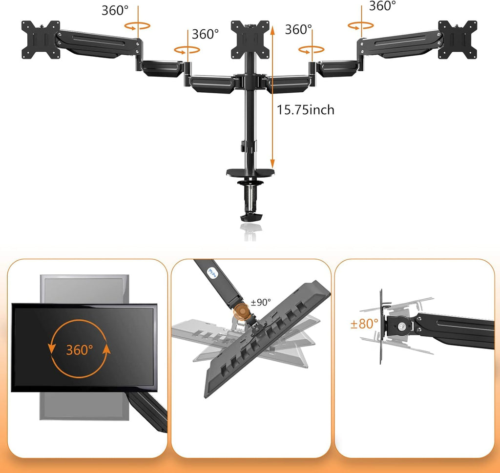 Pholiten Triple Monitor Desk Mount,Triple Gas Spring Monitor Arm for 17-32 inch LCD Computer Screens,Holds up to 22lb,Swivel, Tilt, Rotation, Clamp & Grommet Kit