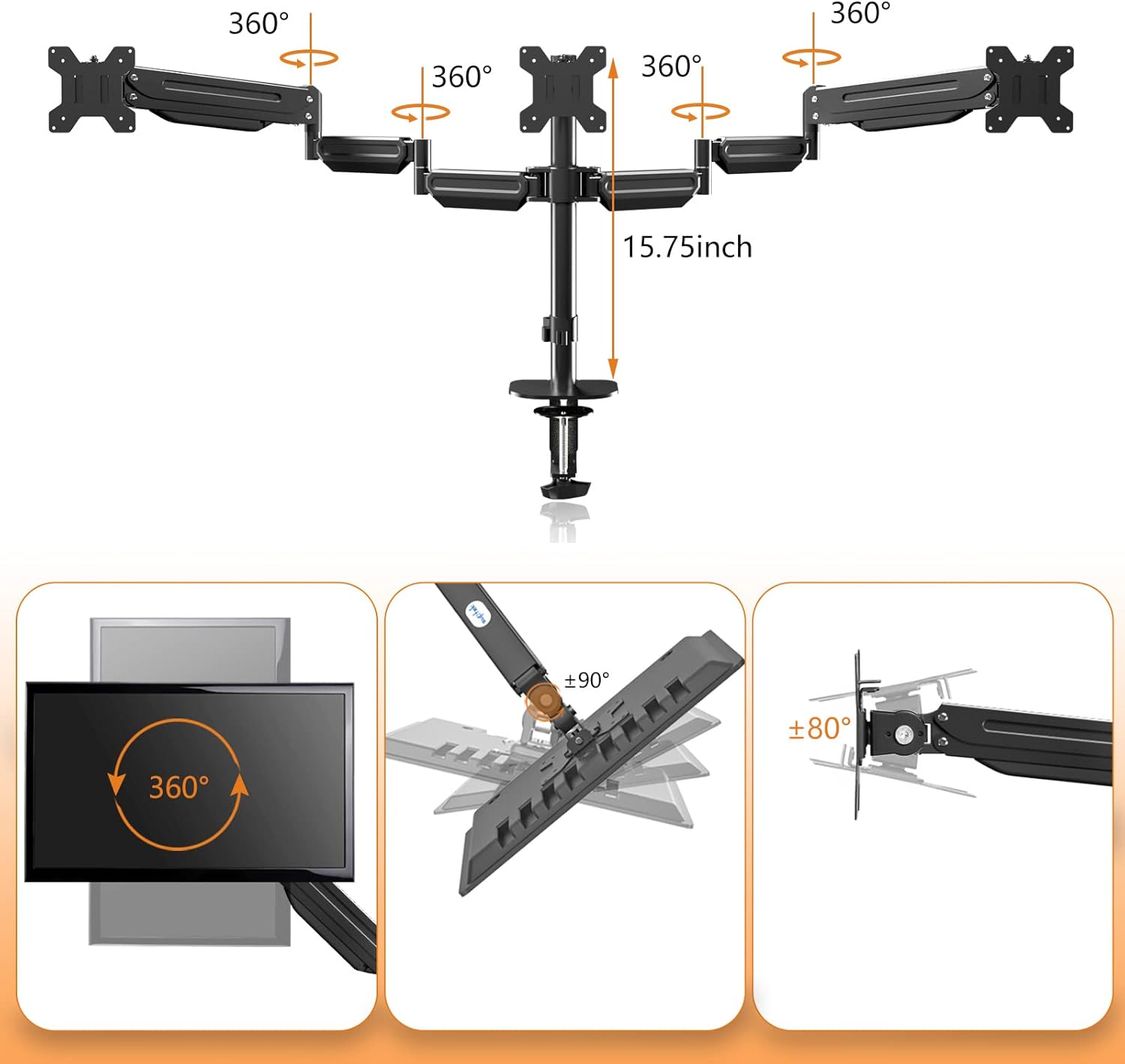 Pholiten Triple Monitor Desk Mount,Triple Gas Spring Monitor Arm for 17-32 inch LCD Computer Screens,Holds up to 22lb,Swivel, Tilt, Rotation, Clamp & Grommet Kit