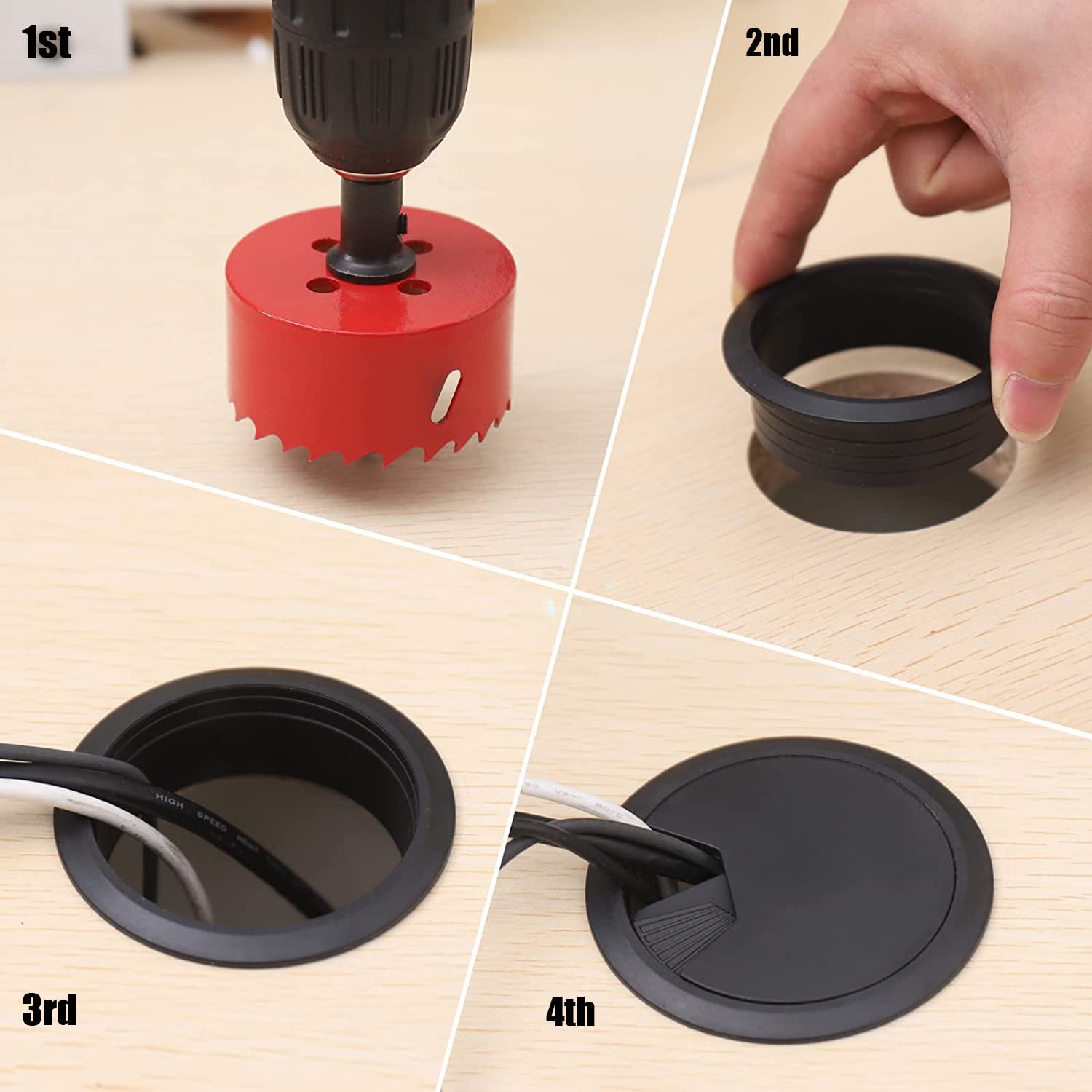 TuTuYa 8PCS Desk Grommet, Desk Grommet 2Inch(50mm) Desk Cable Grommet Desk Cable Hole Covers with Hole Saw, Ideal Solution for Office and Home Table Cable (Black, 2Inch_50mm)