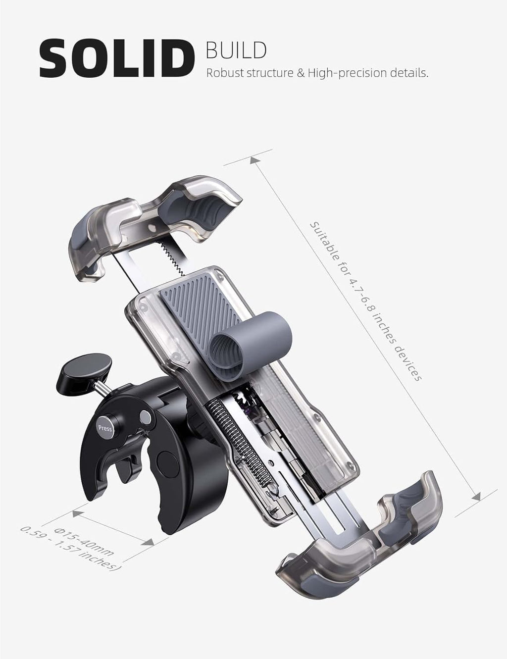 Lamicall Motorcycle Phone Mount, Bike Phone Holder - Upgrade Quick Install Handlebar Clip for Bicycle Scooter, Cell Phone Clamp for iPhone 15 14 13, Galaxy and More 4.7-6.8" Phone, Transparent Gray