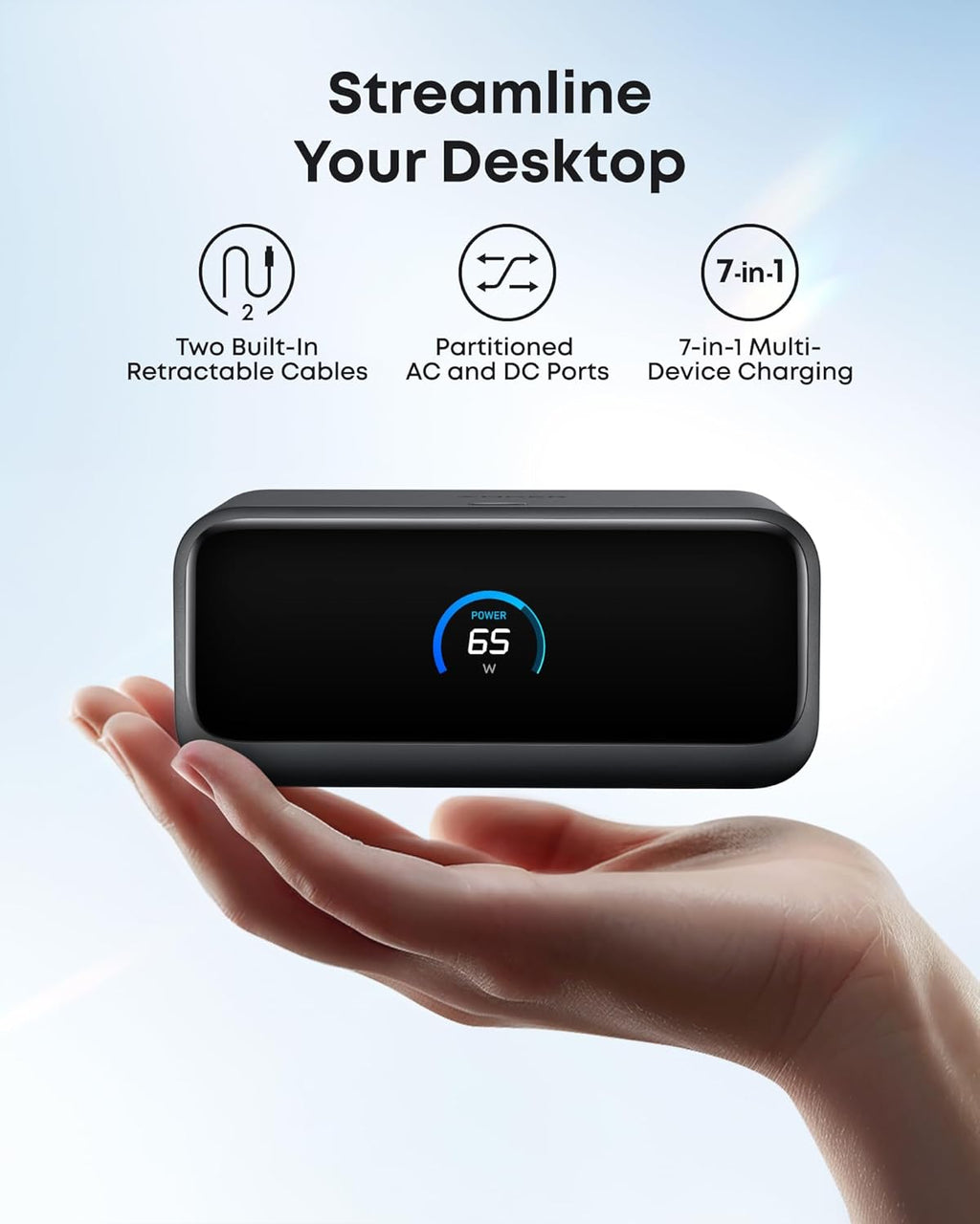 Anker Nano Charging Station, 7-in-1 USB-C Power Strip for iPhone 16, 2.3 ft Anker InstaCord Retractable Cable, 3 USB-C, 1 USB-A, 3 AC, 100W Desktop Fast Charging for MacBook, Home, Office(Non-Battery)