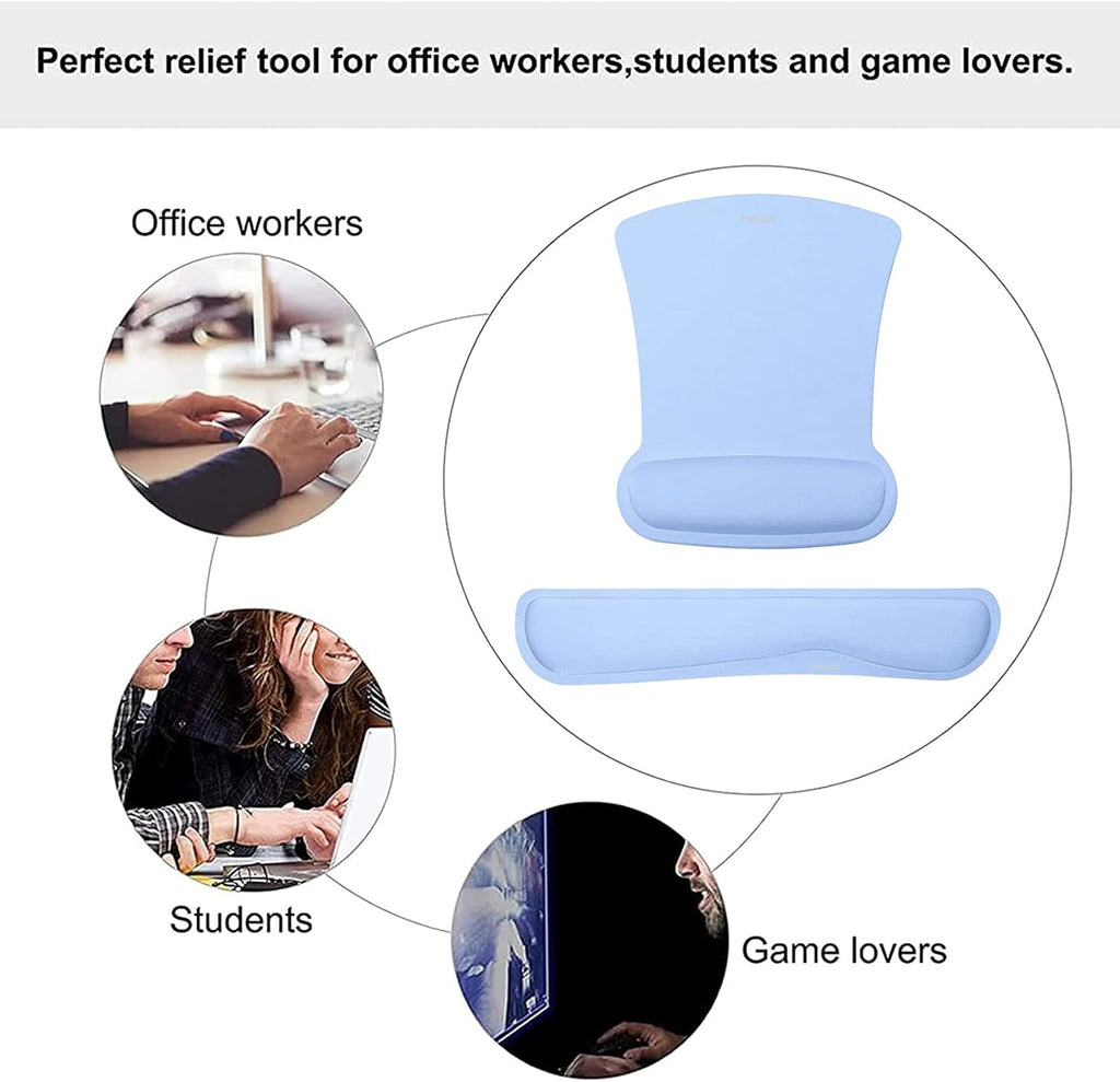 MOSISO Wrist Rest Support for Mouse Pad & Keyboard Set, Ergonomic Mousepad Non-Slip Base Home/Office Pain Relief & Easy Typing Cushion with Neoprene Cloth & Raised Memory Foam, Air Blue
