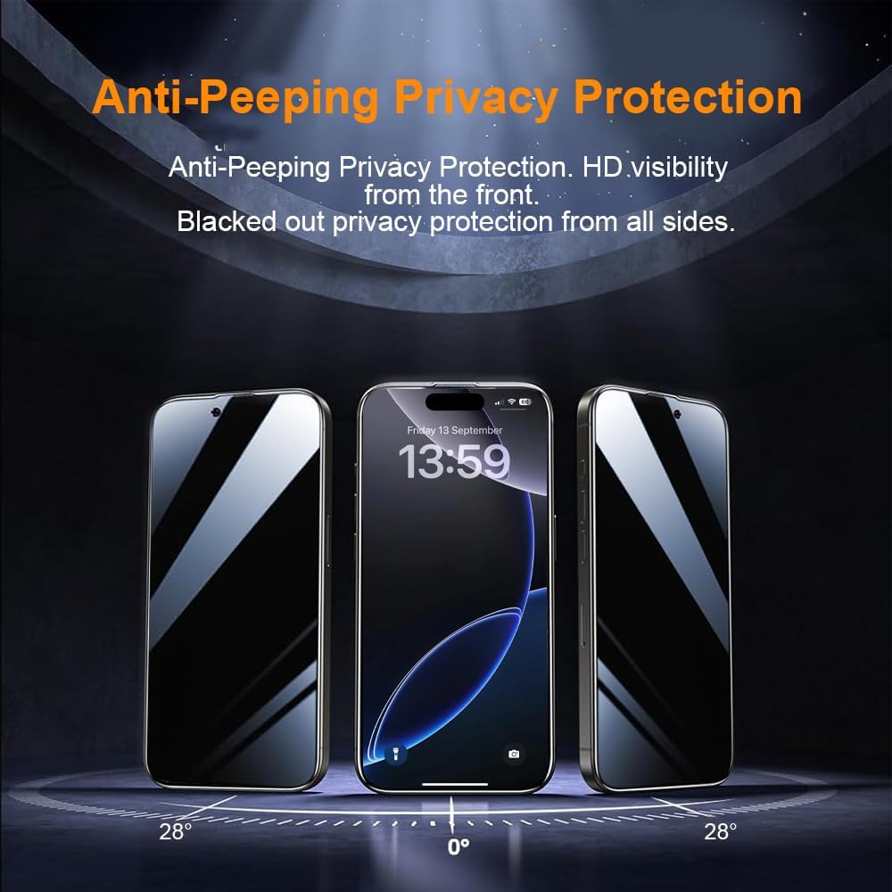 OneFish Privacy Screen Protector for IPhone 16 Plus Anti-Spy Tempered Glass Dust-Free Bubble-Free Anti-Fingerprint 9H Scratch Protection & Hassle-Free Installation Frame [2-Pack]
