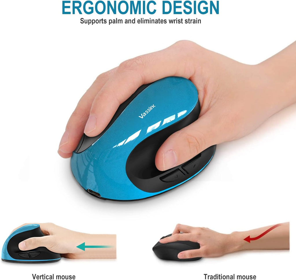 Vassink Ergonomic Mouse, Rechargeable Wireless Mouse Right Handed Small Mouse with 6 Buttons for Laptop,Desktop,PC, MacBook（Blue）