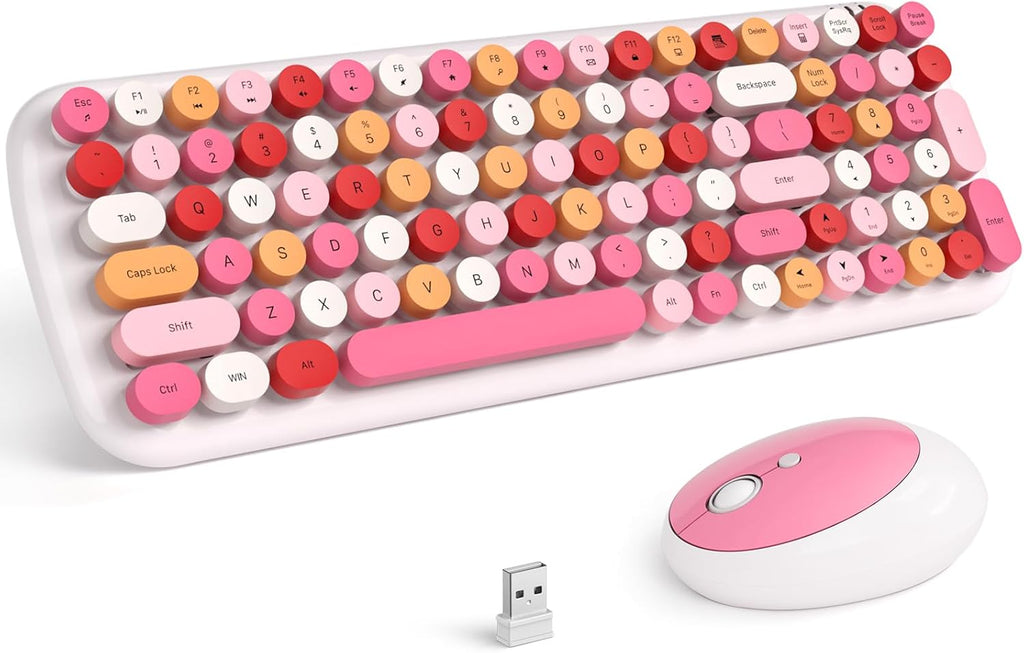 KNOWSQT Wireless Keyboard and Mouse Combo, White Mixed 100 Keys 2.4 GHz Round Keycap Typewriter Keyboards, USB Receiver Plug and Play, for Windows, PC, Laptop, Computer, Desktop