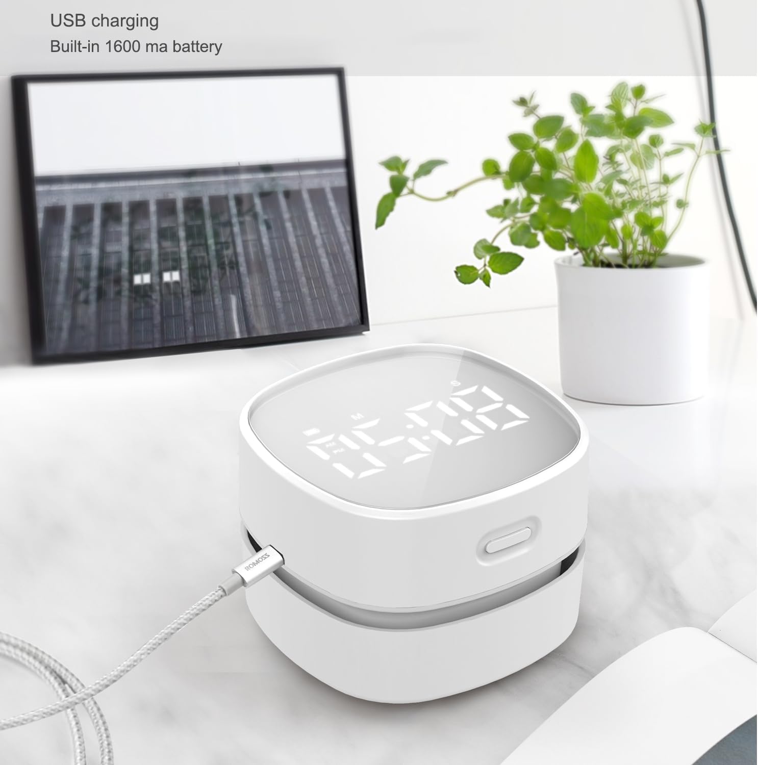 ODISTAR Counter Vacuum Cleaner,Mini Table dust Sweeper Energy with Digital Timer,Endurance up to 400 mins,360º Rotatable for Cleaning Rubber shavings,Crumbs Keyboard of Gifts for Kids(White)