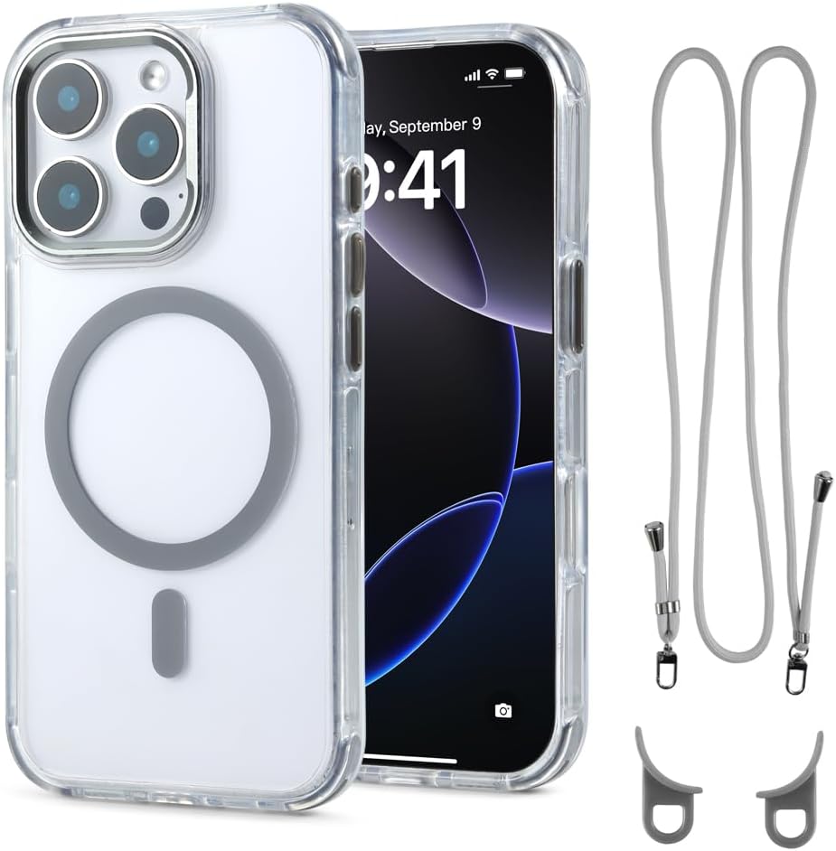 for iPhone 16 Pro Max Case with 62.99 inch Lanyard, Classic Clear&Gray Magnetic Phone Case, Drop&Shockproof Protection Cases, Phone Holder Lanyard, Compatible with Magnet Accessory