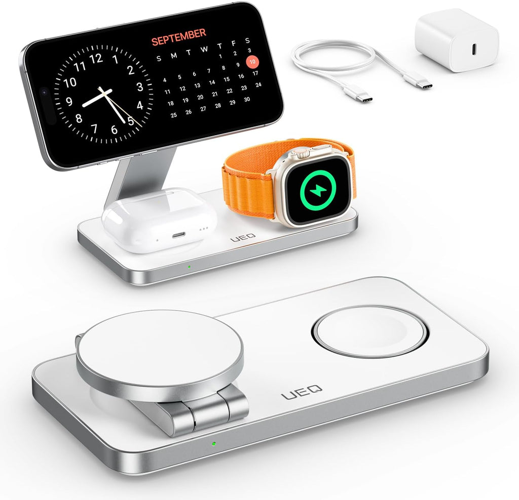 Foldable 3 in 1 Wireless Charging Station for Apple Compatible with Magsafe Charger Stand,Magnetic Wireless Charger Station for iPhone 16 15 14 13 12 Series,Airpods Pro,Apple Watch Ultra (White)
